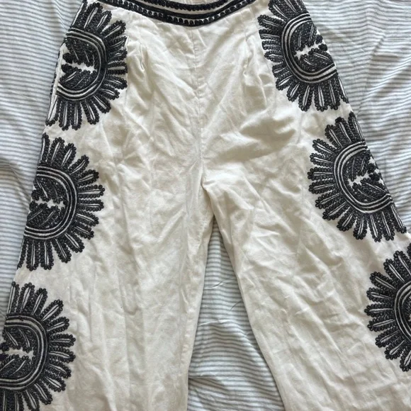 Anthropologie Embroidered Chic Cream and Black Floral Wide Leg Pants - Picture 6 of 12
